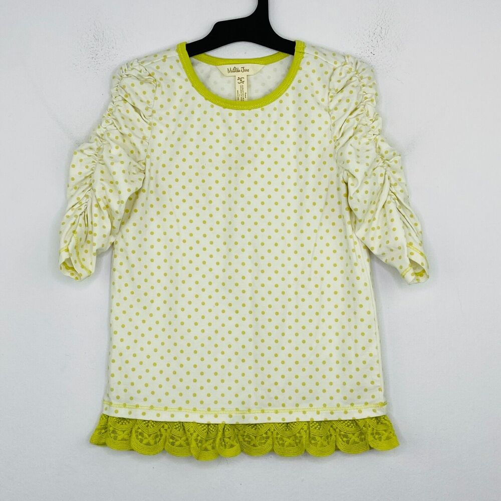 Matilda Jane Girl's 6 Shirt White Green Polka Dot Lace Trim Ruched Sleeve BO20